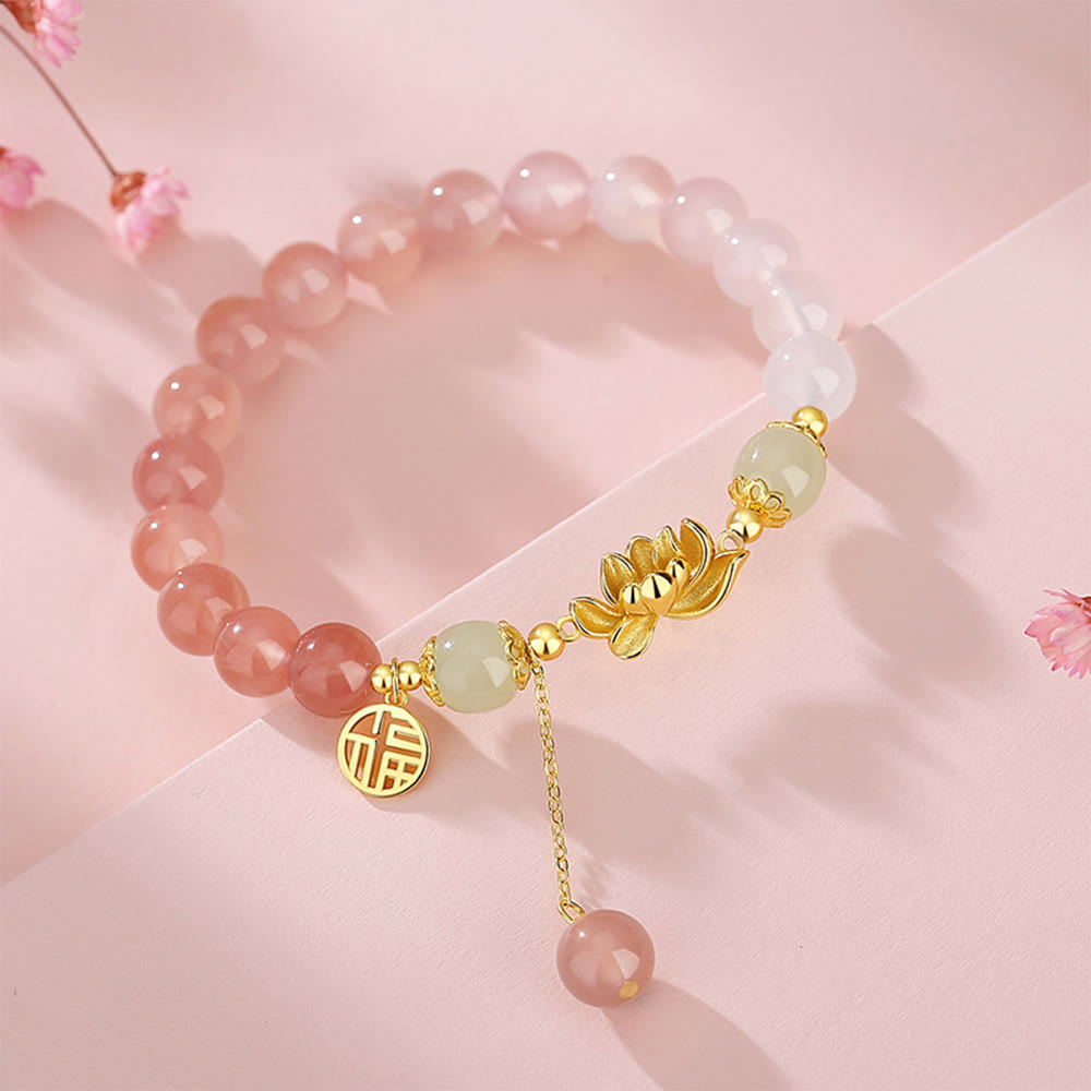 Buddha Stones 925 Sterling Silver Natural Gradient Agate Hetian Jade Lotus Fu Character Enlightenment Bracelet
