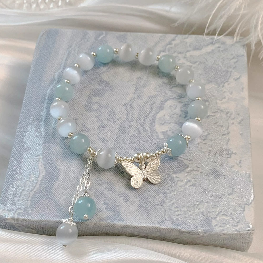 Buddha Stones Cat's Eye Aquamarine Butterfly Charm Support Bracelet