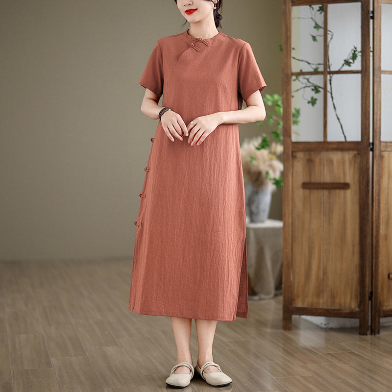 Buddha Stones Summer Vintage Pure Color Chinese Frog-Button Cheongsam Qipao Midi Dress - image 1