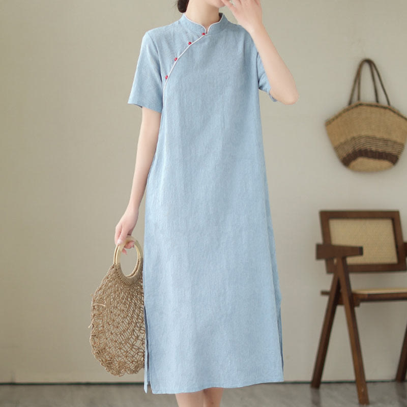 Buddha Stones Jacquard Solid Color Cotton Linen Short Sleeve Cheongsam Qipao Midi Dress With Pockets - LightSkyBlue - US8-10，UK/AU12-14，EU40-42 (2XL) - image 0