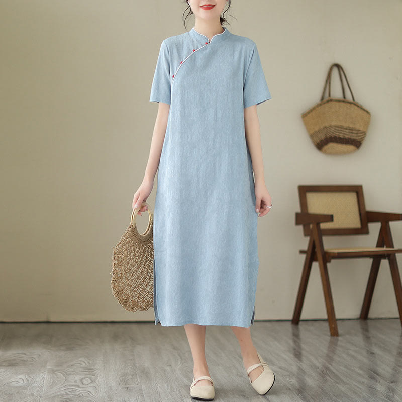 Buddha Stones Jacquard Solid Color Cotton Linen Short Sleeve Cheongsam Qipao Midi Dress With Pockets - image 1