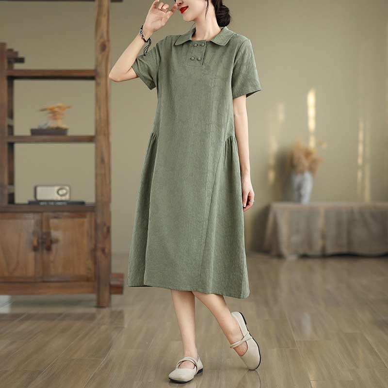 Buddha Stones Plain Jacquard Lapel Cotton Linen Short Sleeve Midi Dress With Pockets - MediumSeaGreen - US8-10，UK/AU12-14，EU40-42 (2XL) - image 5