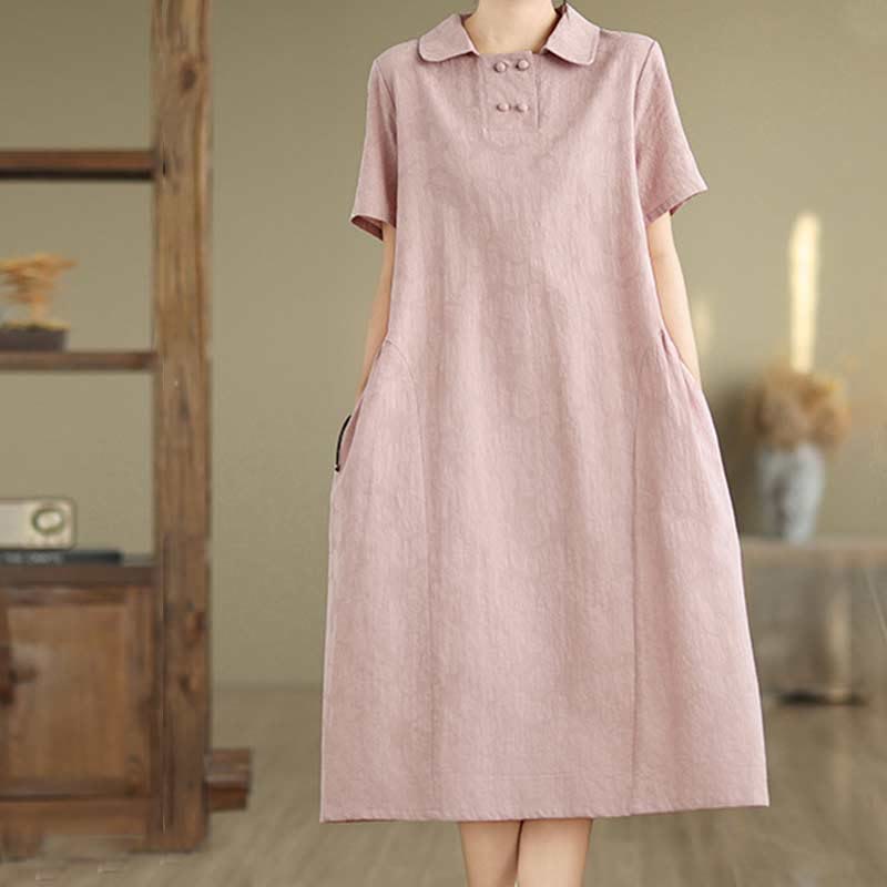 Buddha Stones Plain Jacquard Lapel Cotton Linen Short Sleeve Midi Dress With Pockets - image 29