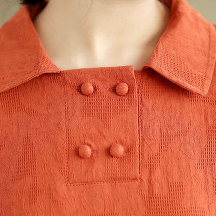 Buddha Stones Plain Jacquard Lapel Cotton Linen Short Sleeve Midi Dress With Pockets - image 16