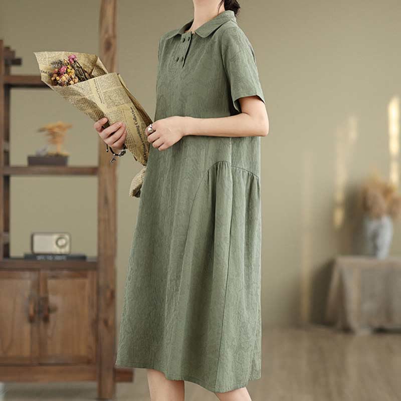Buddha Stones Plain Jacquard Lapel Cotton Linen Short Sleeve Midi Dress With Pockets - image 6
