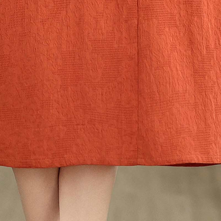 Buddha Stones Plain Jacquard Lapel Cotton Linen Short Sleeve Midi Dress With Pockets - image 20