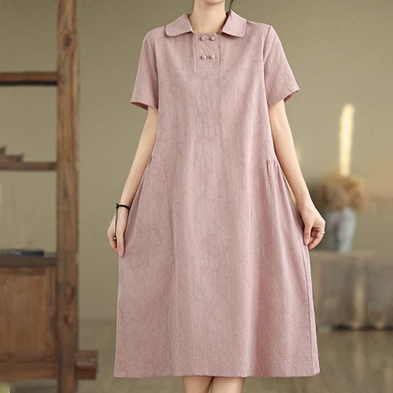 Buddha Stones Plain Jacquard Lapel Cotton Linen Short Sleeve Midi Dress With Pockets - image 30