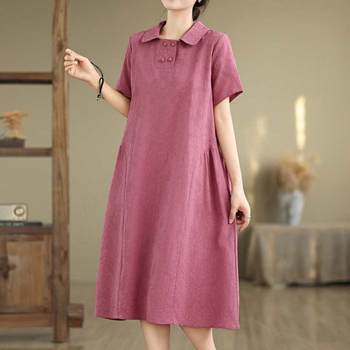 Buddha Stones Plain Jacquard Lapel Cotton Linen Short Sleeve Midi Dress With Pockets - image 3
