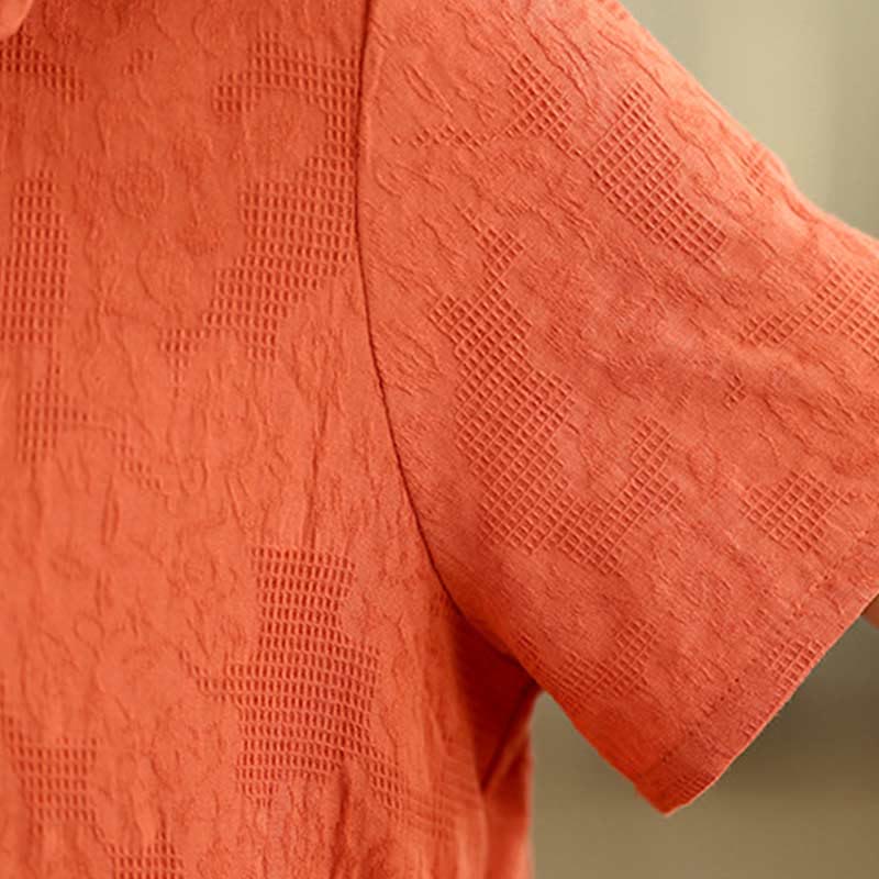 Buddha Stones Plain Jacquard Lapel Cotton Linen Short Sleeve Midi Dress With Pockets - image 18