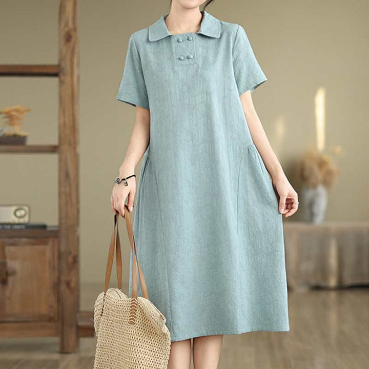 Buddha Stones Plain Jacquard Lapel Cotton Linen Short Sleeve Midi Dress With Pockets - image 23