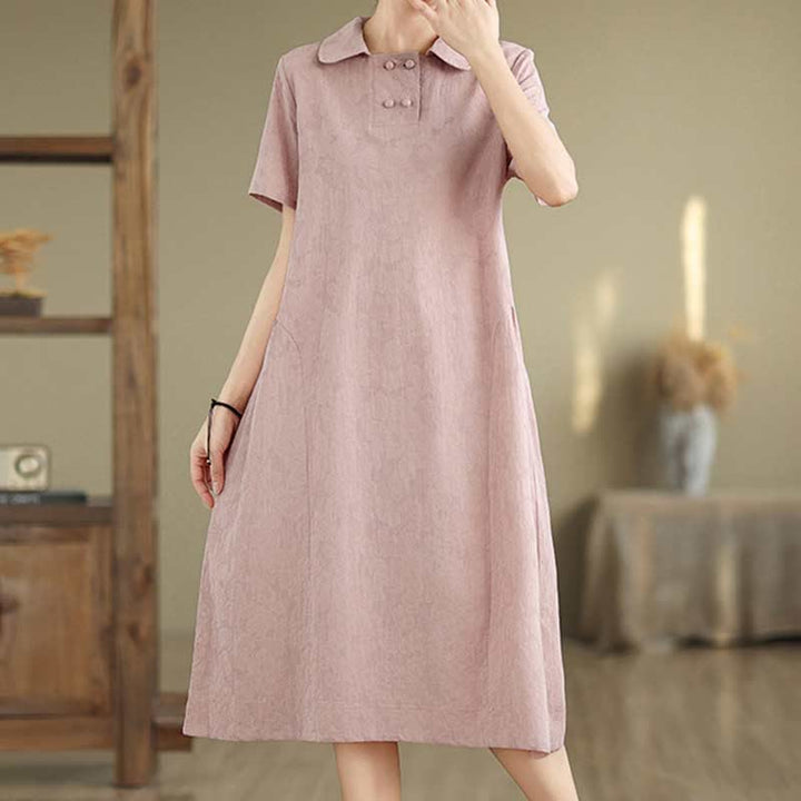 Buddha Stones Plain Jacquard Lapel Cotton Linen Short Sleeve Midi Dress With Pockets - image 31