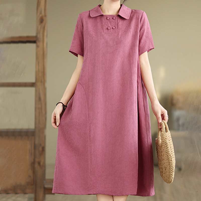 Buddha Stones Plain Jacquard Lapel Cotton Linen Short Sleeve Midi Dress With Pockets - image 1
