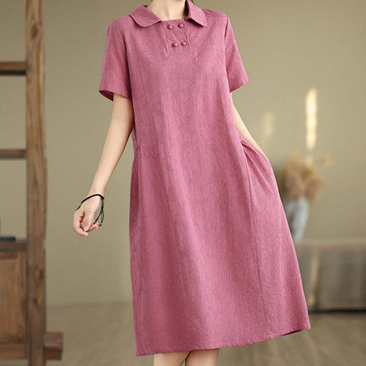 Buddha Stones Plain Jacquard Lapel Cotton Linen Short Sleeve Midi Dress With Pockets - image 4