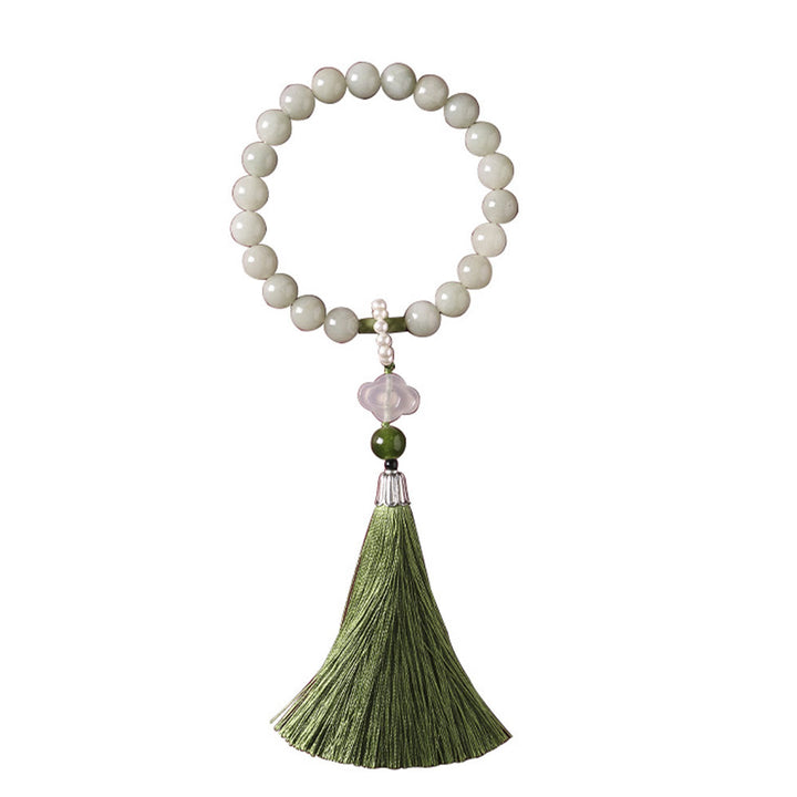 Buddha Stones Green Jade Beads Pearl Prosperity Tassels Wrist Mala