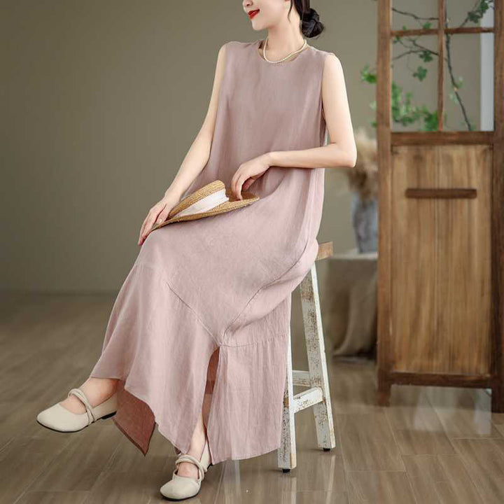 Buddha Stones Spring Plain Irregular Sleeveless Cotton Linen Midi Dress With Pockets - image 21