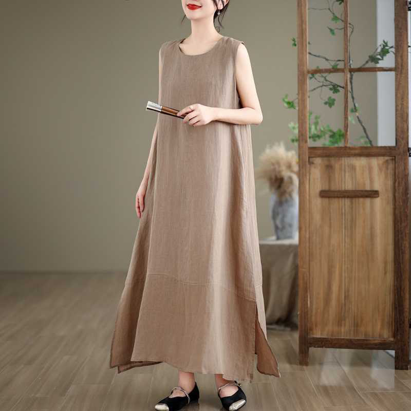 Buddha Stones Spring Plain Irregular Sleeveless Cotton Linen Midi Dress With Pockets - image 1