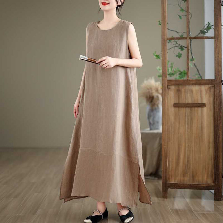 Buddha Stones Spring Plain Irregular Sleeveless Cotton Linen Midi Dress With Pockets - image 1