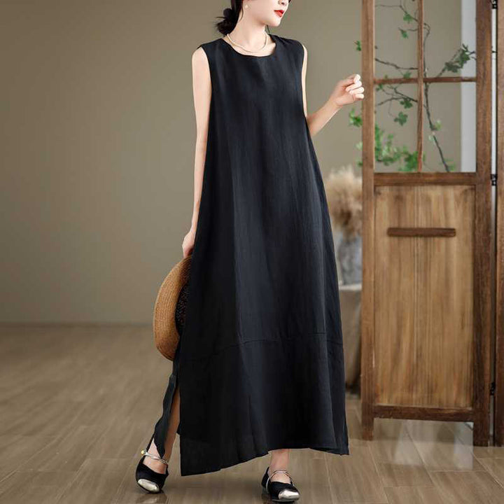 Buddha Stones Spring Plain Irregular Sleeveless Cotton Linen Midi Dress With Pockets - image 12