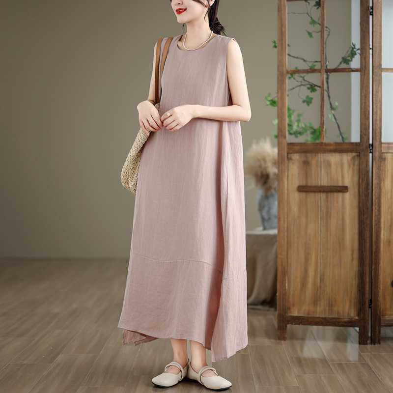 Buddha Stones Spring Plain Irregular Sleeveless Cotton Linen Midi Dress With Pockets - image 18