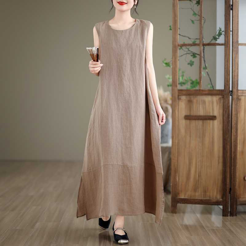 Buddha Stones Spring Plain Irregular Sleeveless Cotton Linen Midi Dress With Pockets - DarkKhaki - US8-10，UK/AU12-14，EU40-42 (2XL) - image 0