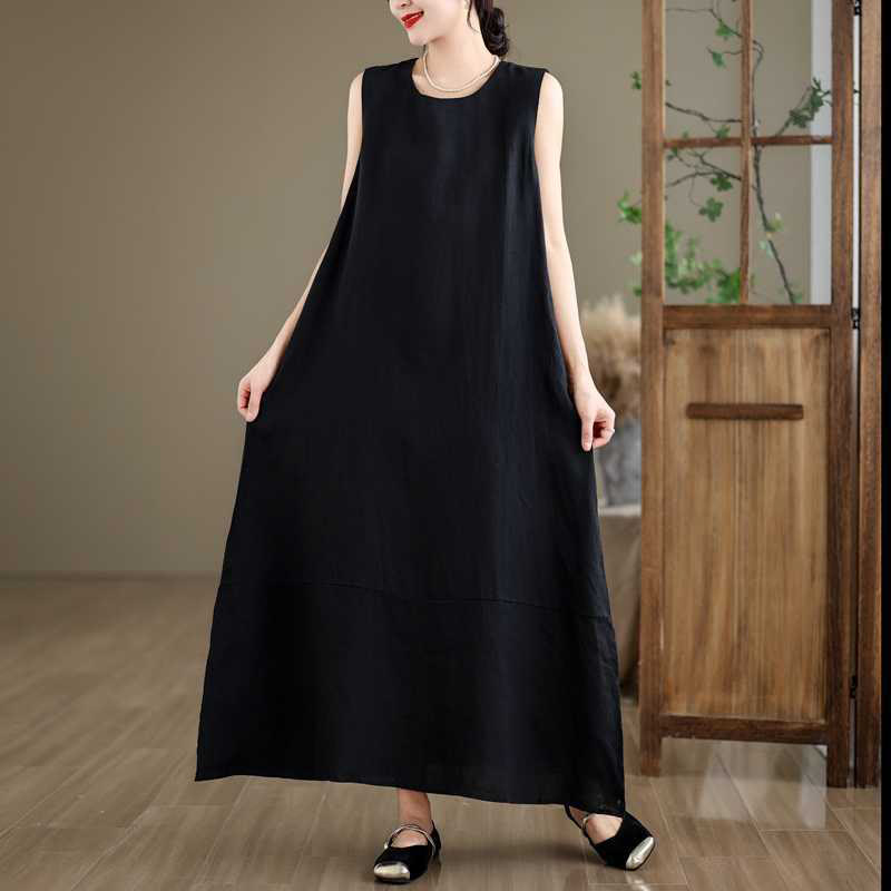 Buddha Stones Spring Plain Irregular Sleeveless Cotton Linen Midi Dress With Pockets - image 13