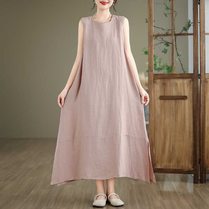 Buddha Stones Spring Plain Irregular Sleeveless Cotton Linen Midi Dress With Pockets - image 17