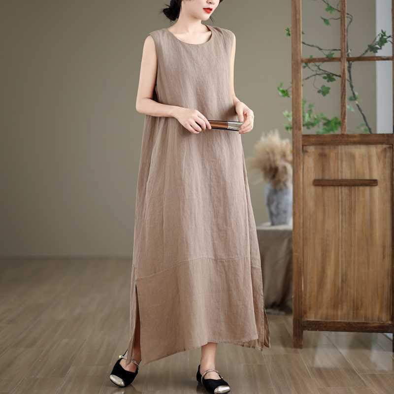 Buddha Stones Spring Plain Irregular Sleeveless Cotton Linen Midi Dress With Pockets - image 4