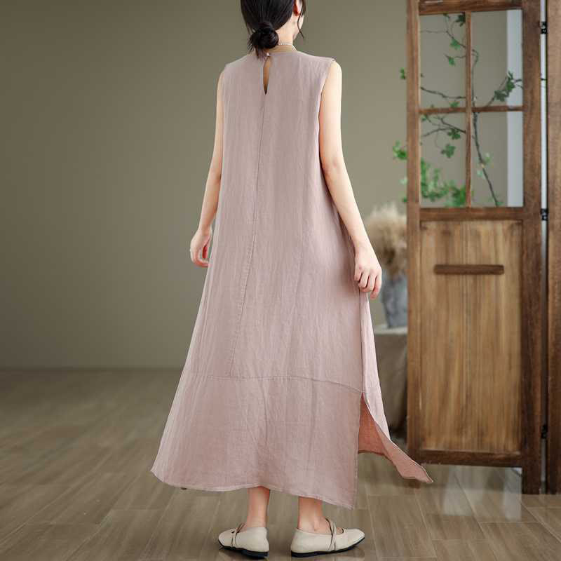 Buddha Stones Spring Plain Irregular Sleeveless Cotton Linen Midi Dress With Pockets - image 20