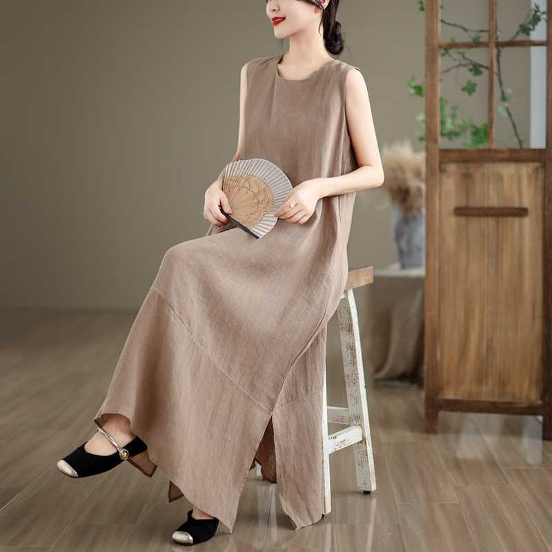 Buddha Stones Spring Plain Irregular Sleeveless Cotton Linen Midi Dress With Pockets - image 5
