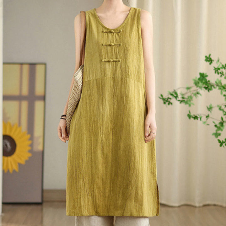 Buddha Stones Tie Dye Chinese Frog-Button Ramie Linen Sleeveless Midi Dress With Pockets - Gold - US8-10，UK/AU12-14，EU40-42 (2XL) - image 5