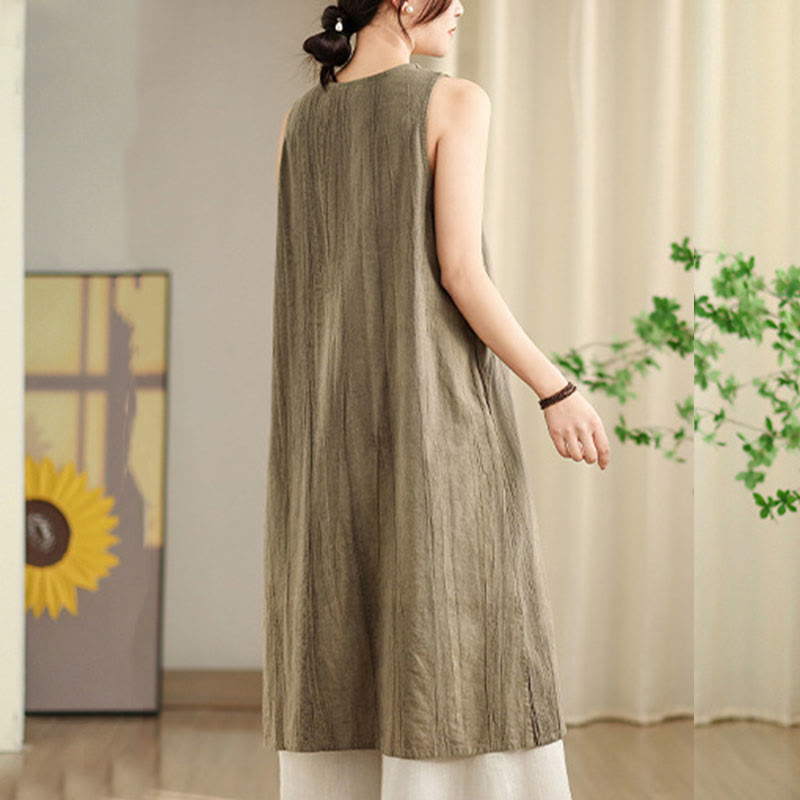 Buddha Stones Tie Dye Chinese Frog-Button Ramie Linen Sleeveless Midi Dress With Pockets - image 12