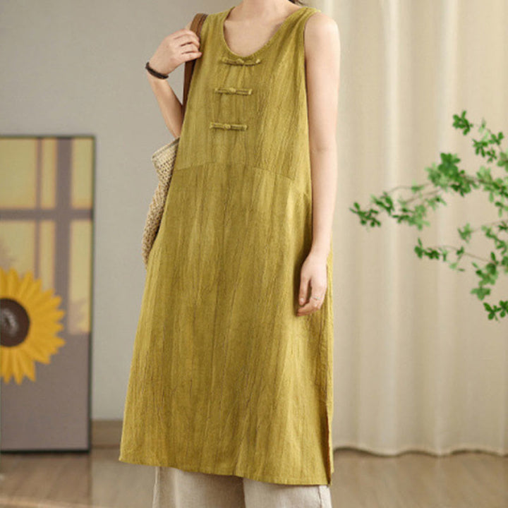 Buddha Stones Tie Dye Chinese Frog-Button Ramie Linen Sleeveless Midi Dress With Pockets - image 8