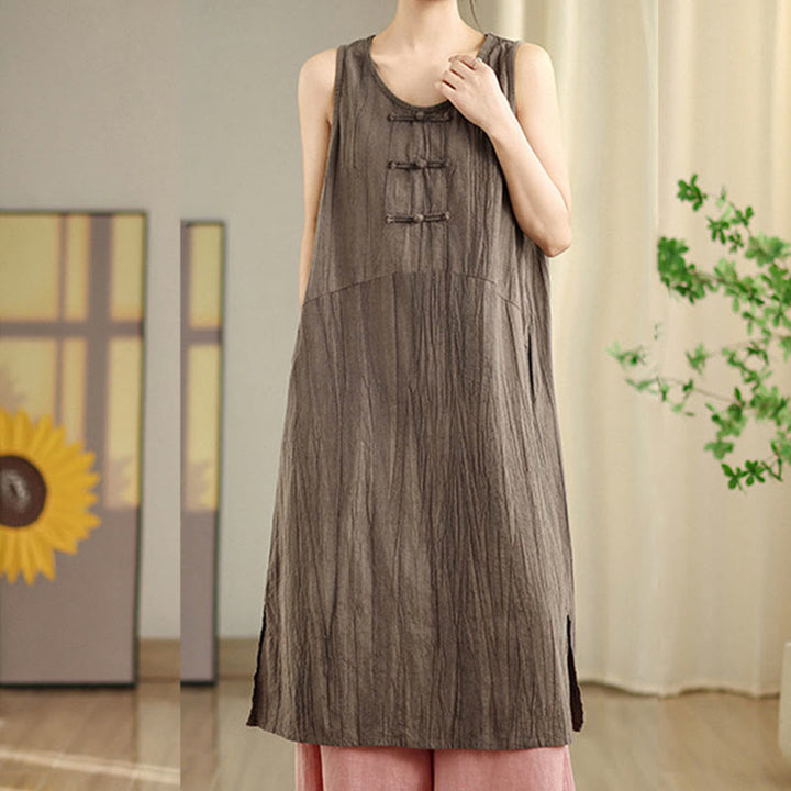 Buddha Stones Tie Dye Chinese Frog-Button Ramie Linen Sleeveless Midi Dress With Pockets - image 19