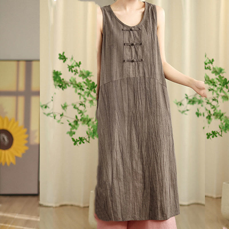 Buddha Stones Tie Dye Chinese Frog-Button Ramie Linen Sleeveless Midi Dress With Pockets - image 21