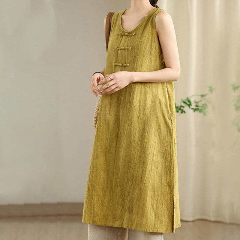 Buddha Stones Tie Dye Chinese Frog-Button Ramie Linen Sleeveless Midi Dress With Pockets - image 6