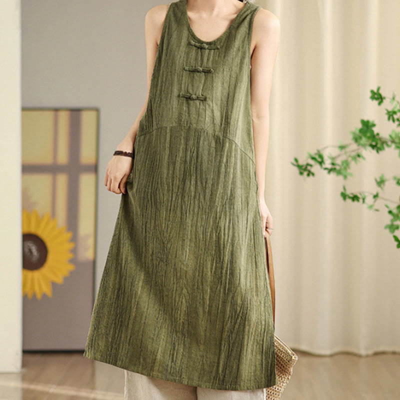 Buddha Stones Tie Dye Chinese Frog-Button Ramie Linen Sleeveless Midi Dress With Pockets - OliveDrab - US8-10，UK/AU12-14，EU40-42 (2XL) - image 0