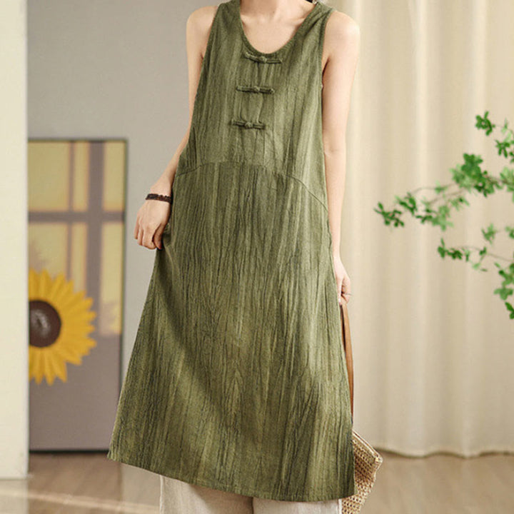 Buddha Stones Tie Dye Chinese Frog-Button Ramie Linen Sleeveless Midi Dress With Pockets - OliveDrab - US8-10，UK/AU12-14，EU40-42 (2XL) - image 0