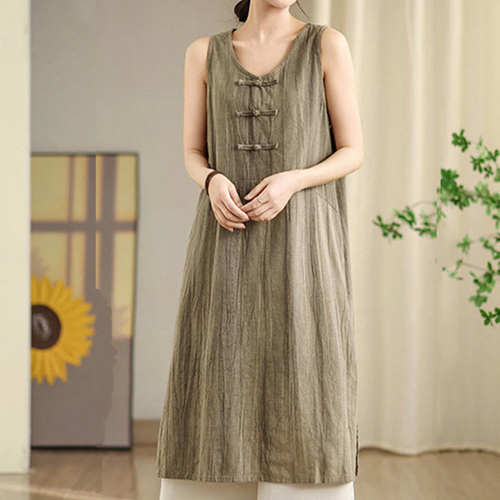 Buddha Stones Tie Dye Chinese Frog-Button Ramie Linen Sleeveless Midi Dress With Pockets - image 10