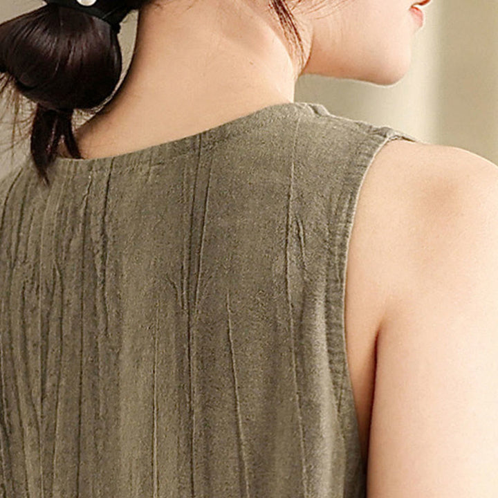 Buddha Stones Tie Dye Chinese Frog-Button Ramie Linen Sleeveless Midi Dress With Pockets - image 15