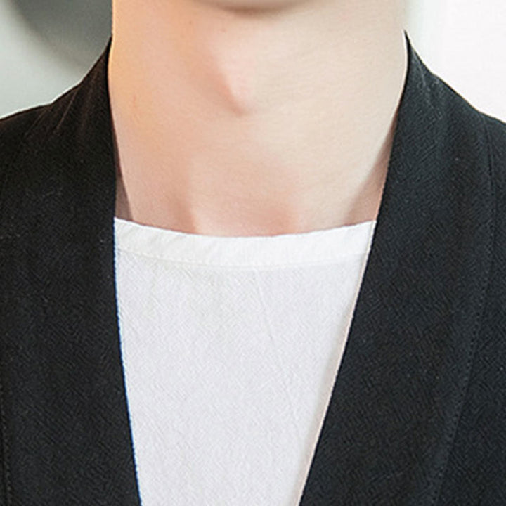 Buddha Stones Plain Chinese Frog-Button Jacket Cotton Linen Men's Three Quarter Sleeve Kimono - image 15