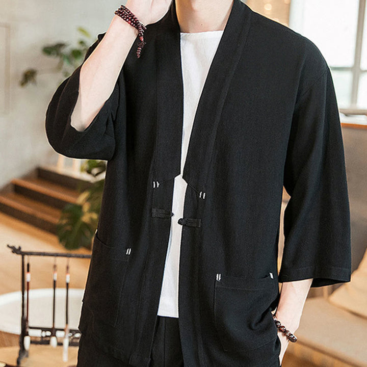 Buddha Stones Plain Chinese Frog-Button Jacket Cotton Linen Men's Three Quarter Sleeve Kimono - image 10