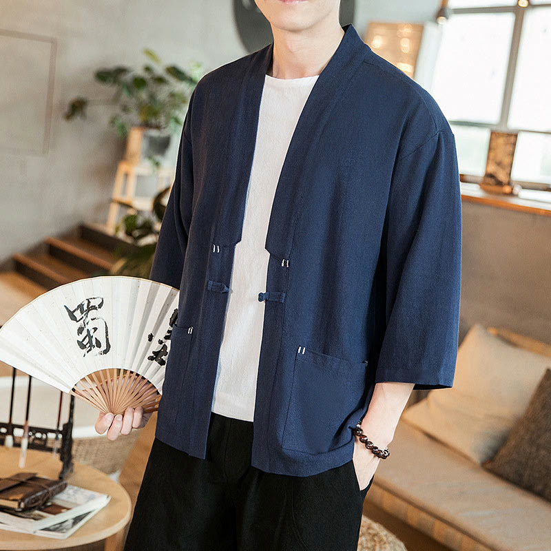 Buddha Stones Plain Chinese Frog-Button Jacket Cotton Linen Men's Three Quarter Sleeve Kimono - image 6