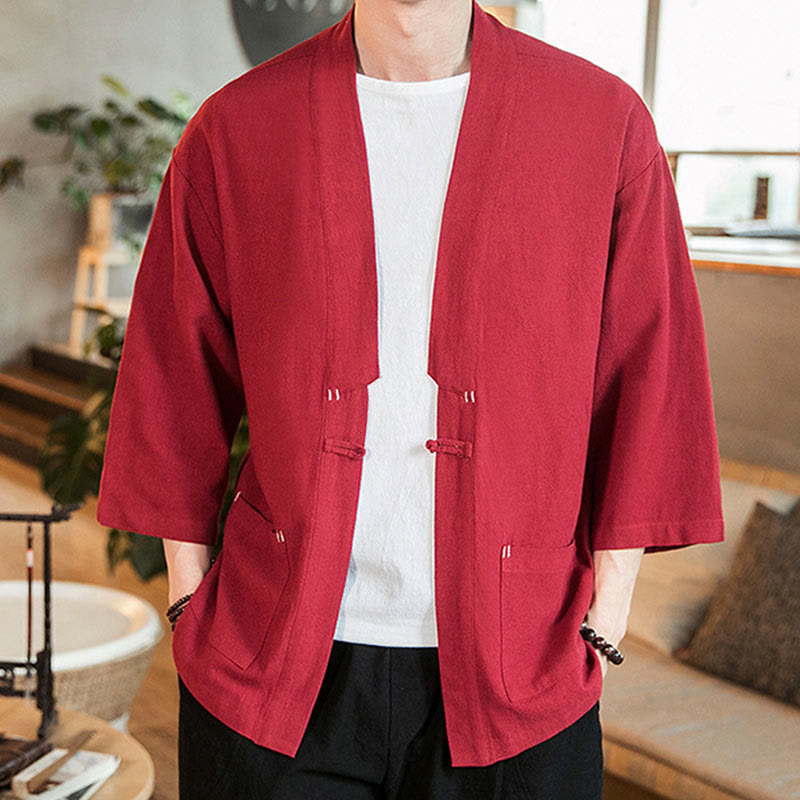 Buddha Stones Plain Chinese Frog-Button Jacket Cotton Linen Men's Three Quarter Sleeve Kimono - image 25