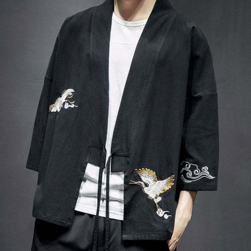 Buddha Stones Embroidery Open Front Jacket Cotton Linen Men's Three Quarter Sleeve Kimono - image 13