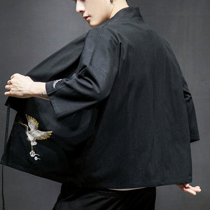 Buddha Stones Embroidery Open Front Jacket Cotton Linen Men's Three Quarter Sleeve Kimono - image 12