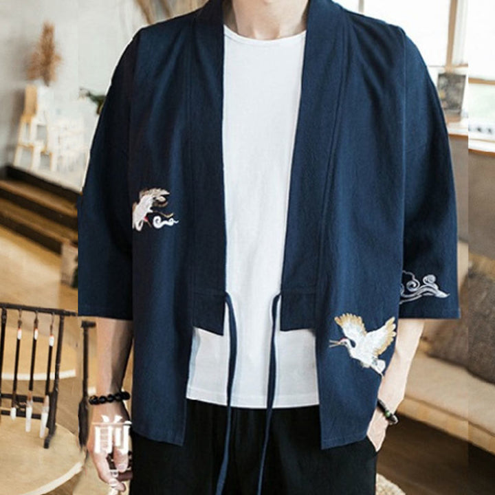 Buddha Stones Embroidery Open Front Jacket Men's Three Quarter Sleeve Kimono - image 3