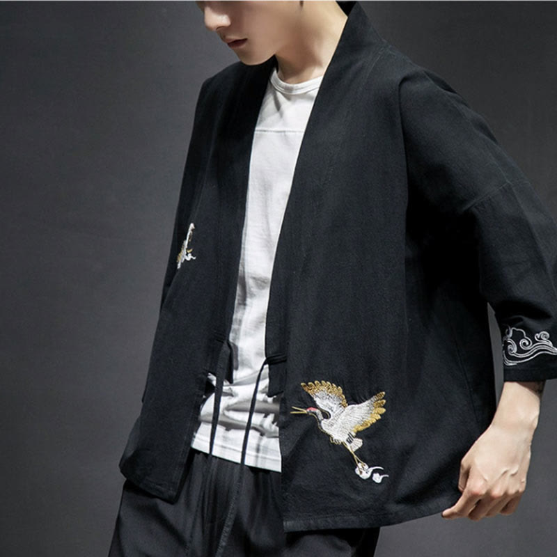 Buddha Stones Embroidery Open Front Jacket Cotton Linen Men's Three Quarter Sleeve Kimono - image 11