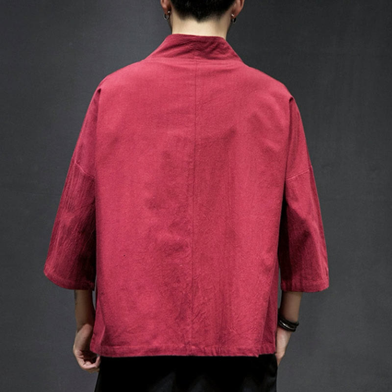 Buddha Stones Embroidery Open Front Jacket Cotton Linen Men's Three Quarter Sleeve Kimono - image 21