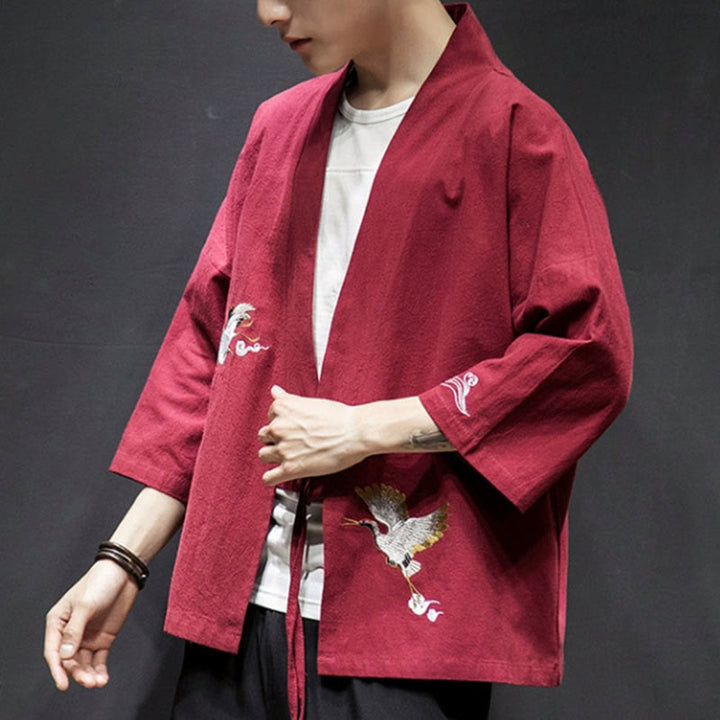 Buddha Stones Embroidery Open Front Jacket Men's Three Quarter Sleeve Kimono - image 20