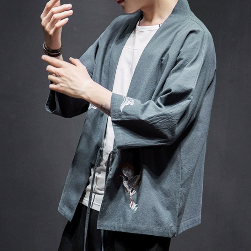 Buddha Stones Embroidery Open Front Jacket Cotton Linen Men's Three Quarter Sleeve Kimono - image 28